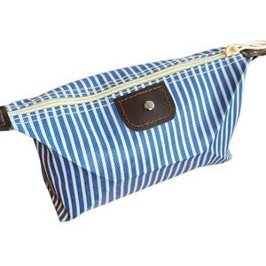 Blue & White Striped Canvas Zippered Pouch Travel Organizer Bag, Toiletries Case